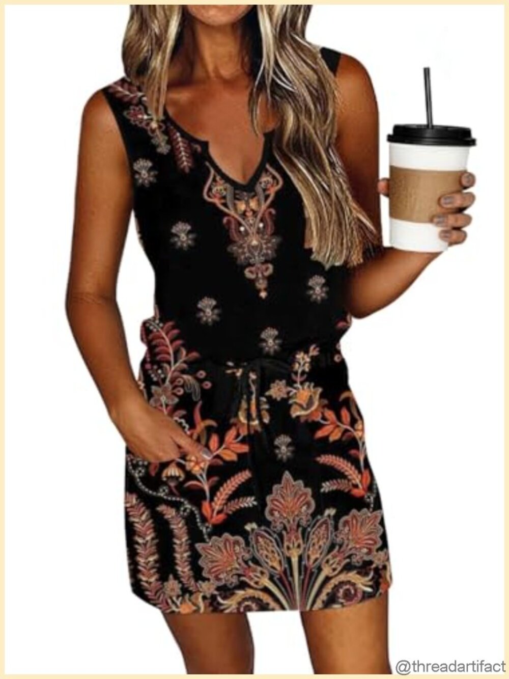 Sleeveless V Neck Floral Print Swing Mini Dress with Pockets Casual Summer